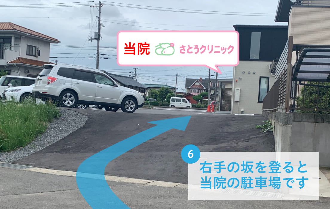 さとうクリニック道順 右手の坂を登ると当院の駐車場です
